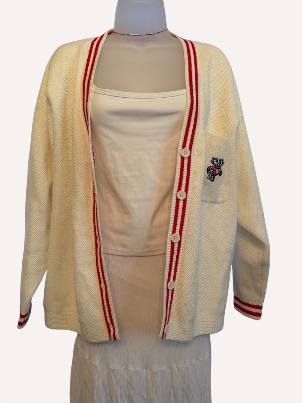 ZOOZATZ Cream Cardigan Sweater with Red Trim and Embroidered Bear